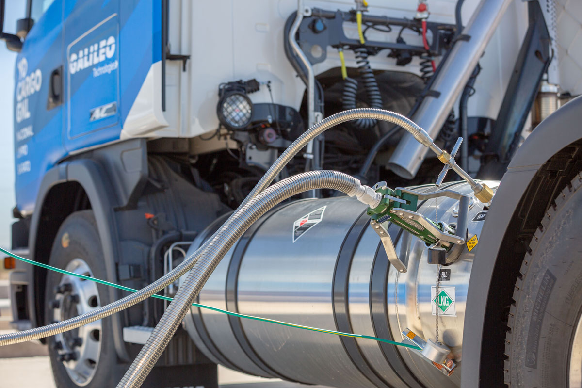 LNG dispenser connected to the truck’s cryogenic tank
